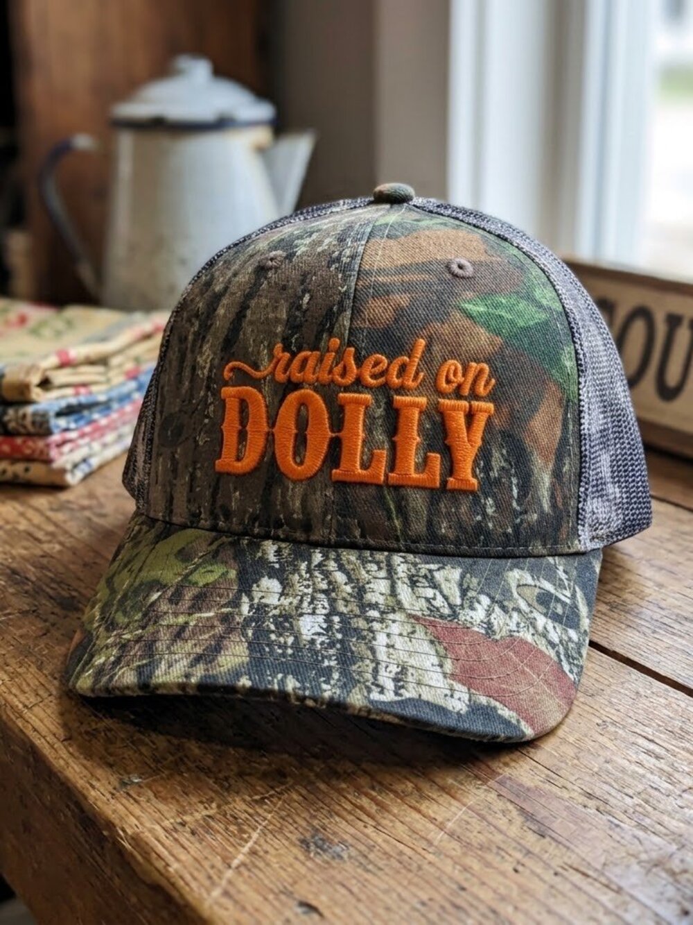 Retro Raised On Dolly Hat Orange Camo Embroidered Mesh Trucker Snapback Cap USA